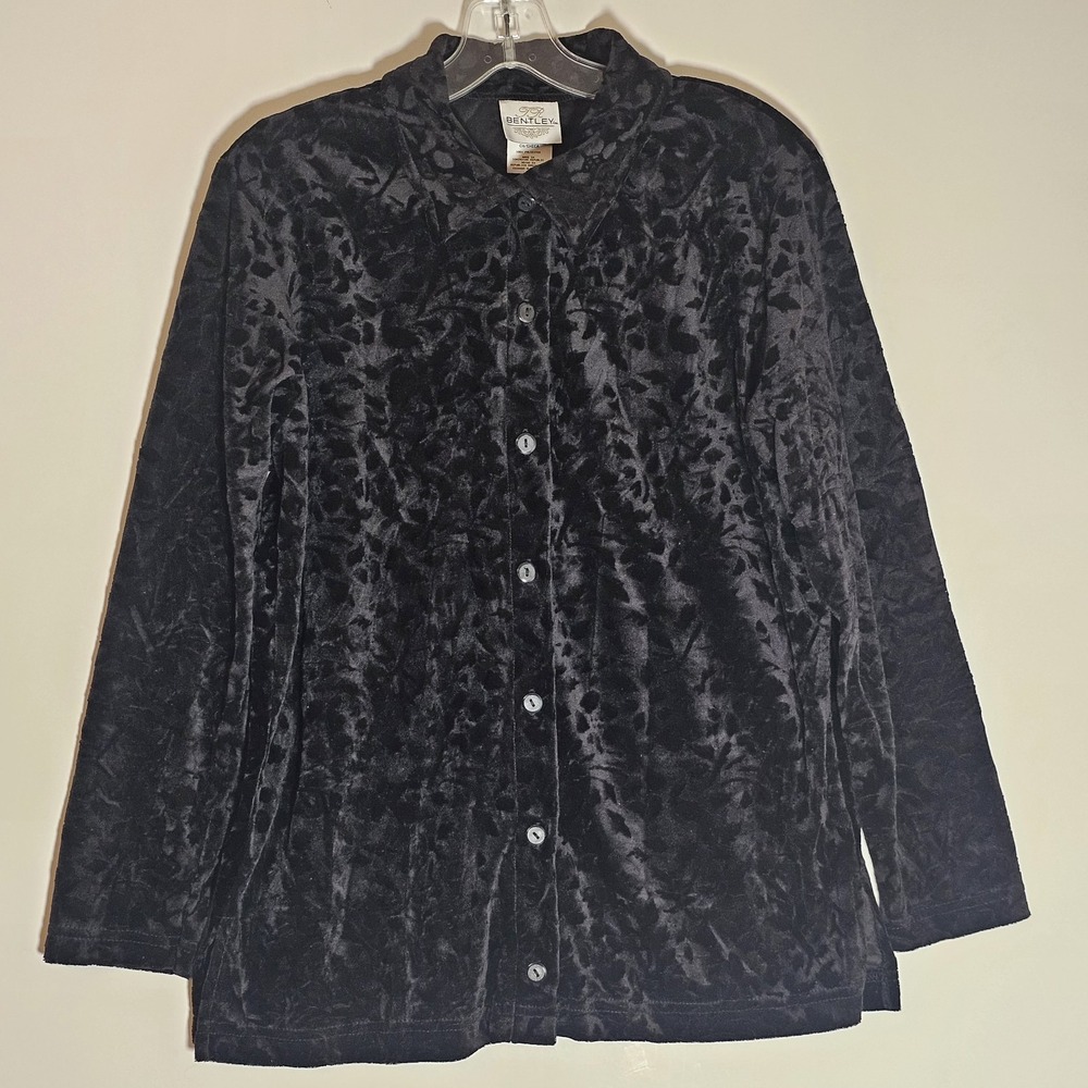 TR Bentley Top Womens Small Black Velvet Floral Burnout Elegant Button Up Blouse